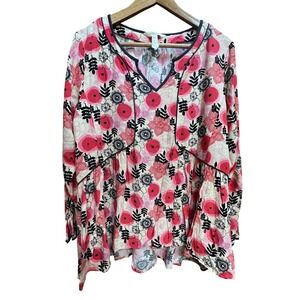 Matilda Jane Womens XL Pink Black Floral Long Sleeve Peplum Rayon Blouse Top